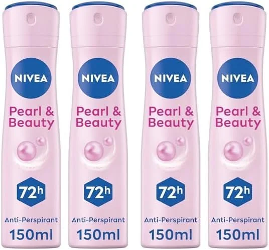 اسپری ضد تعریق زنانه نیوآ Pearl & Beauty، نرم و لطیف، محافظت فعال 48 ساعته، بدون الکل، حاوی عصاره مروارید و روغن آووکادو، 2x150 میلی لیتر، بسته 4 عددی