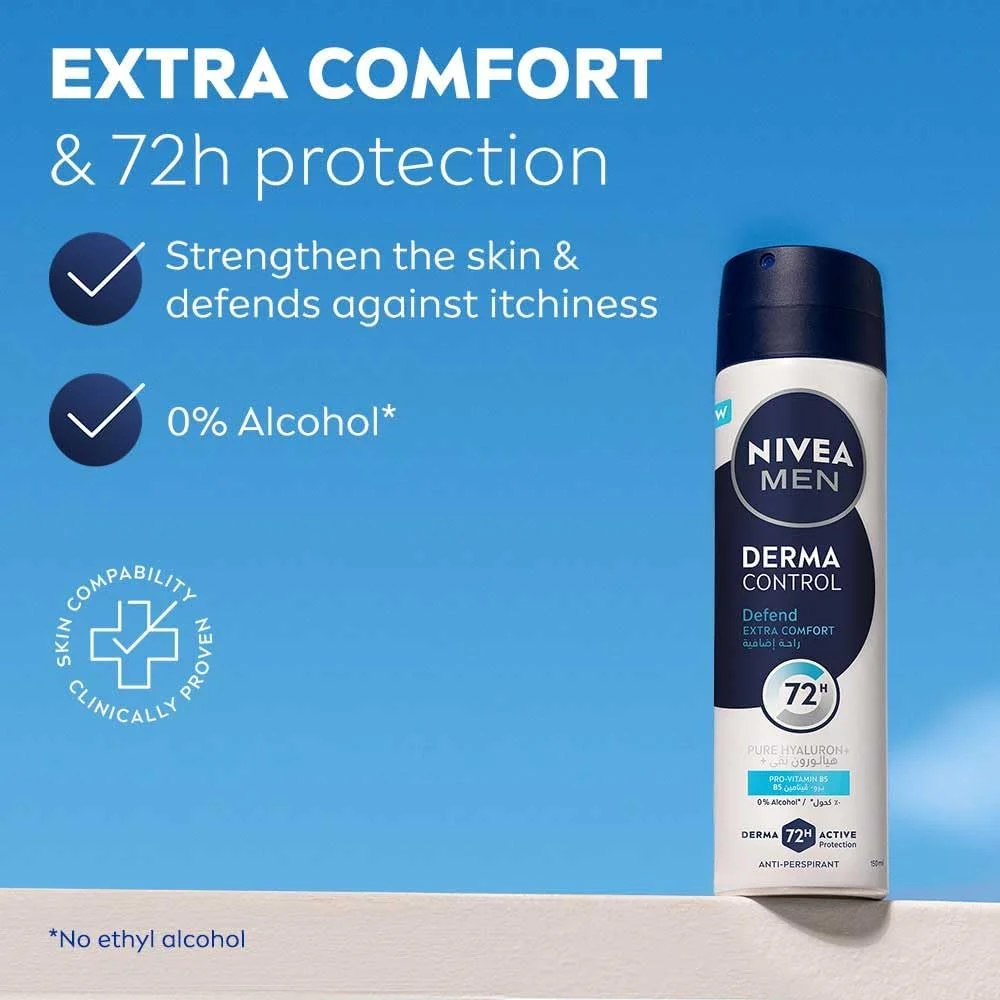 اسپری ضد تعریق مردانه نیوآ مدل Derma Control Defend Extra Comfort، 150 میلی لیتر، حاوی هیالورون خالص و پرو ویتامین B5، محافظت 72 ساعته