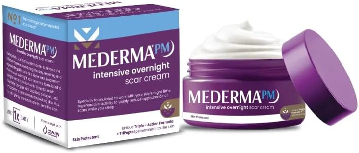 کرم از بین برنده جای جوش Mederma PM 10 گرم | کرم شب جای جوش | درمان جای جوش | کرم ترمیم کننده پوست برای انواع پوست | کرم جای جوش برای خانم ها و آقایان | 10 گرم