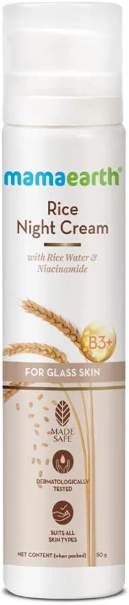کرم شب برنج Mamaearth برای پوست شفاف و شیشه ای حاوی آب برنج و نیاسینامید | کرم شب آبرسان و روشن کننده | برای لکه های تیره، رنگ ناهموار پوست و درخشندگی | برای زنان و مردان، 50 گرم