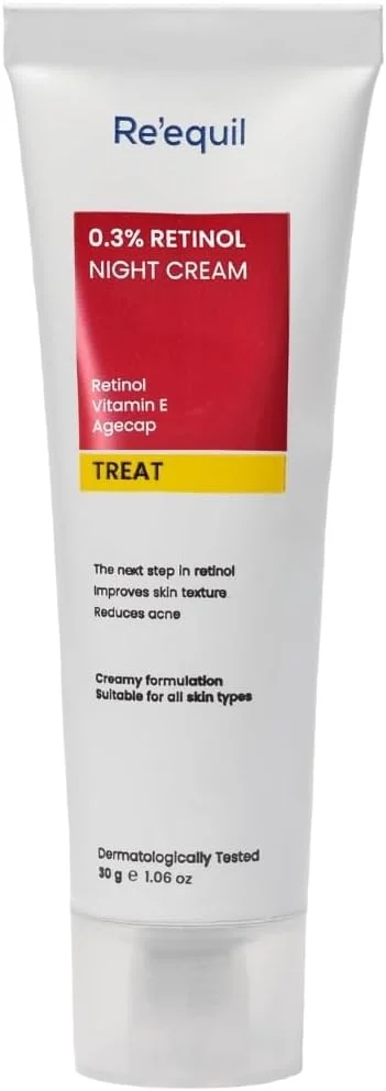 کرم شب رتینول 0.3% ری اِکوئیل، بهبود بافت پوست، کاهش آکنه، مناسب برای انواع پوست، 30 گرم