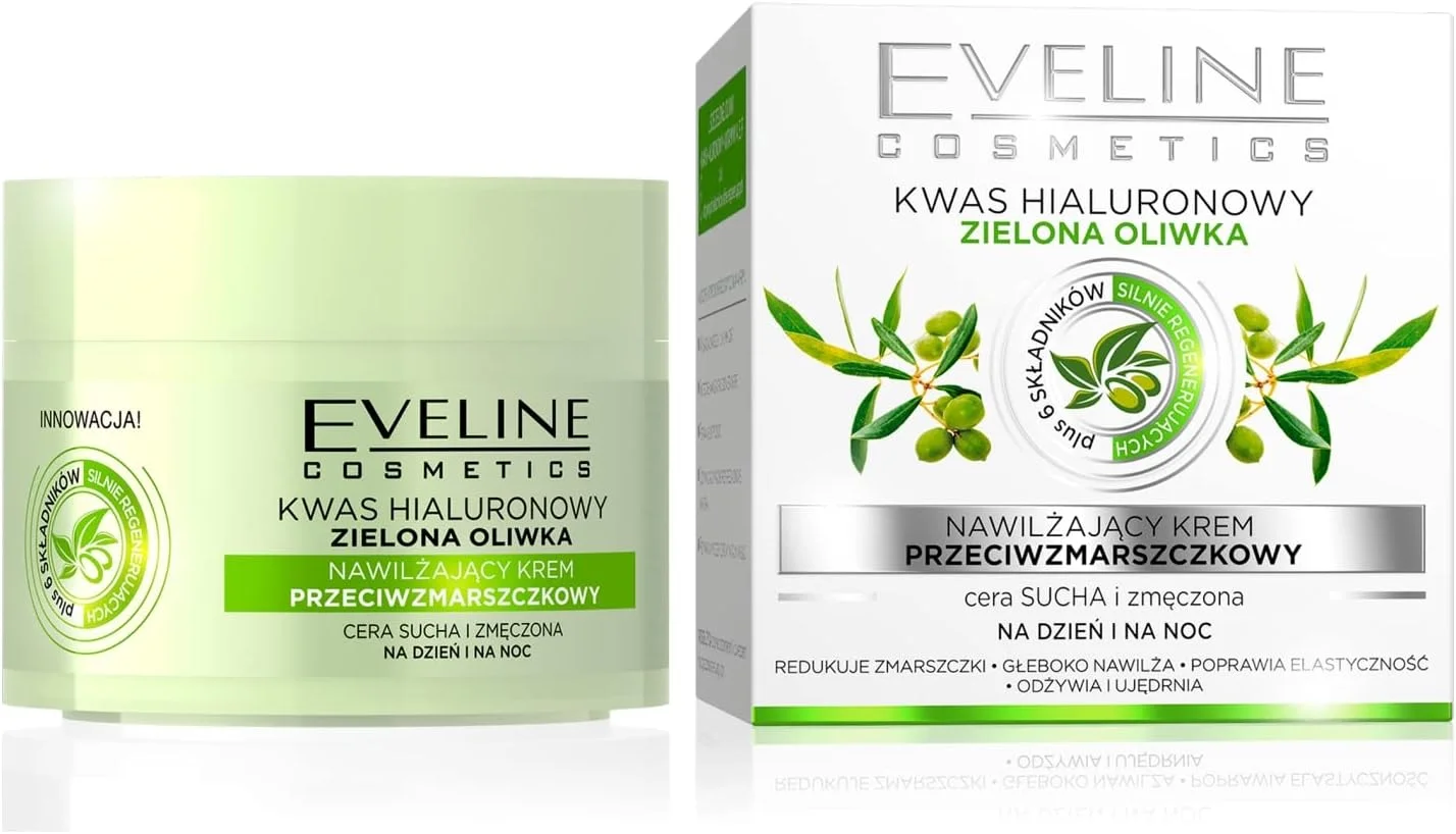 کرم مرطوب کننده روز و شب ضد چروک اسید هیالورونیک Eveline Cosmetics | غنی شده با زیتون سبز | ایده آل برای پوست های خشک و خسته | 50 میلی لیتر