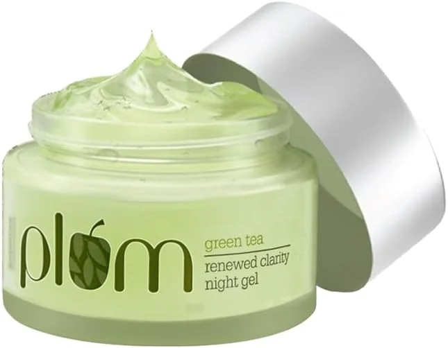 ژل مرطوب کننده شب چای سبز Plum | حاوی گلیکولیک اسید و پوست درخت بید | مبارزه با آکنه | آبرسانی غیر چرب در طول شب | ژل مرطوب کننده فاقد چربی و ضد پیری | 100% گیاهی | 50 گرم