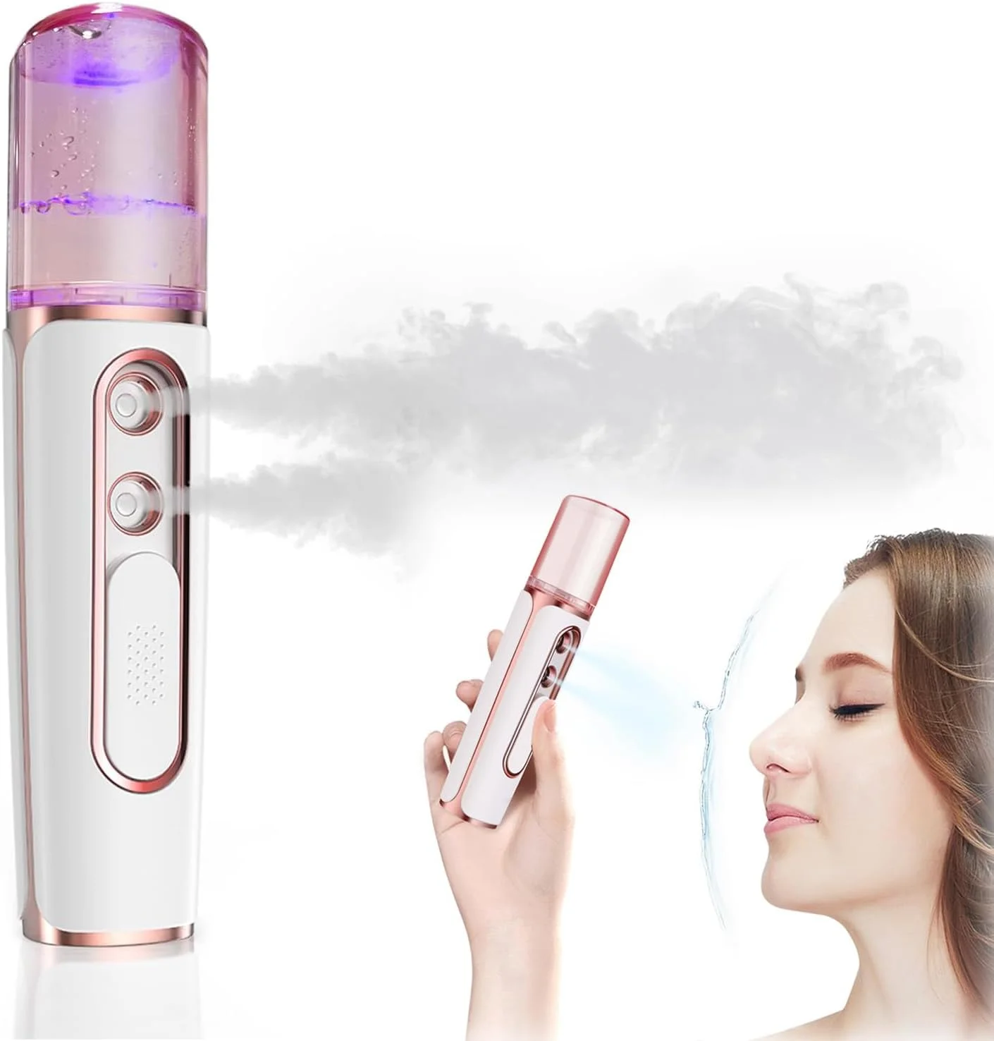 دستگاه نانو میست صورت آزونه، دستگاه بخور صورت با مخزن آب قابل مشاهده، با 2 نازل اسپری، قابل شارژ USB، مراقبت از پوست، آرایش روزانه، آبرسانی عمیق، صورتی