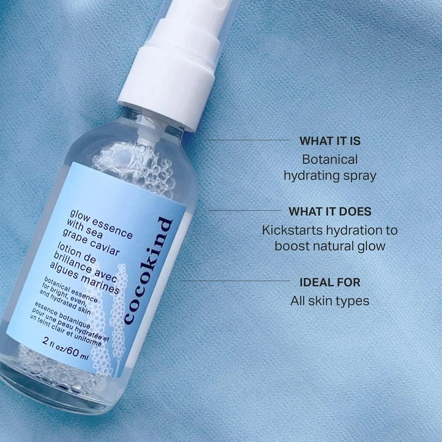 اسانس درخشان کننده Cocokind با خاویار انگور دریایی، پرایمر آبرسان و اسپری صورت، مرطوب کننده صورت با سنجد دریایی، لینولئیک اسید و ویتامین E