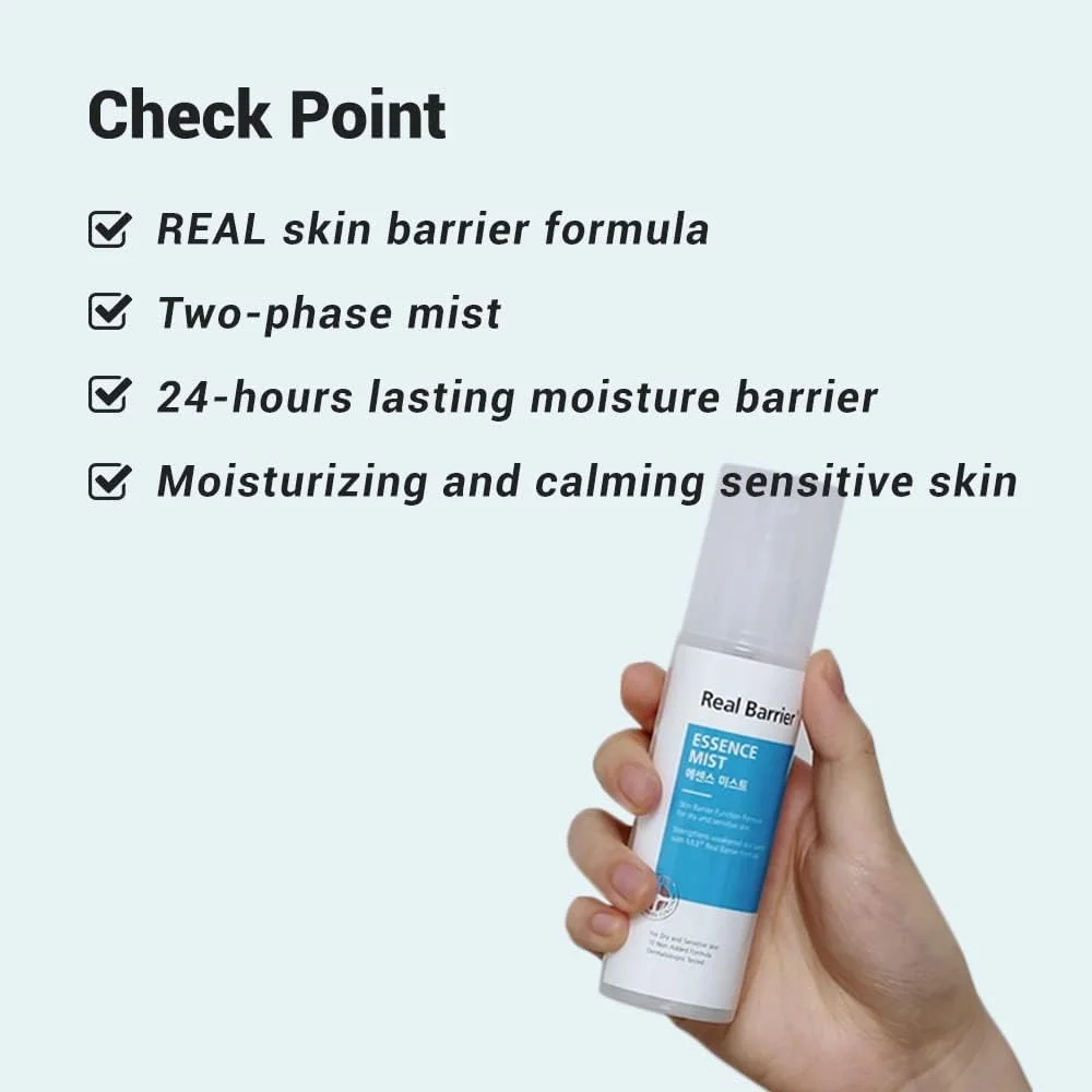 اسپری صورت Real Barrier Essence Mist، اسپری مرطوب کننده صورت برای پوست حساس حاوی پانتنول و مادکاسوسید، آبرسان، آرام بخش، تقویت کننده سد دفاعی پوست، 100 میلی لیتر