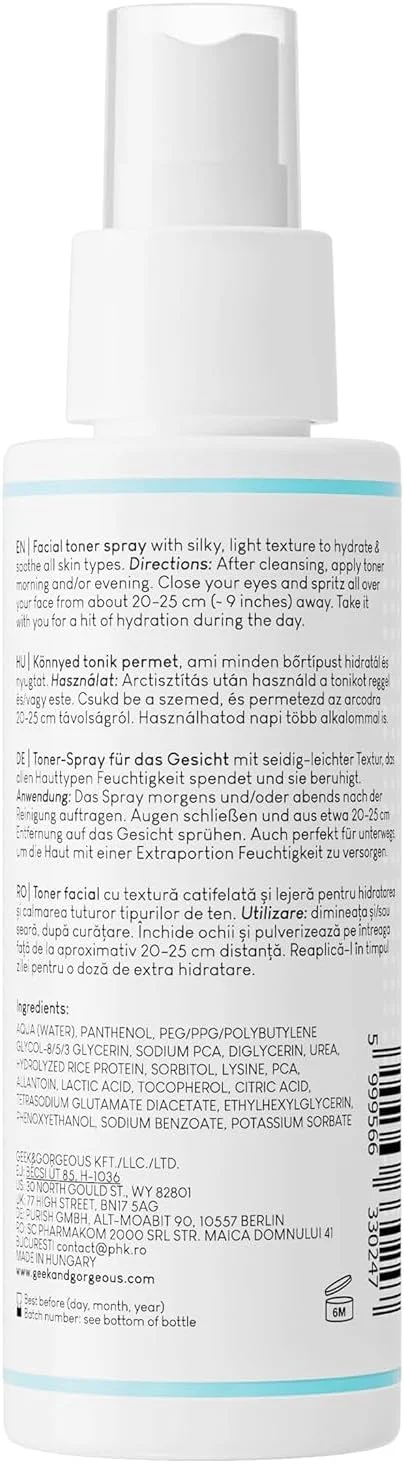 اسپری تونر آبرسان صورت Geek & Gorgeous Liquid Hydration با 5% پانتنول + عوامل مرطوب کننده طبیعی، آبرسان و تسکین دهنده - مناسب برای انواع پوست، 110 میلی لیتر
