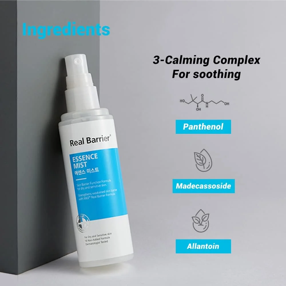 اسپری صورت Real Barrier Essence Mist، اسپری مرطوب کننده صورت برای پوست حساس حاوی پانتنول و مادکاسوسید، آبرسان، آرام بخش، تقویت کننده سد دفاعی پوست، 100 میلی لیتر