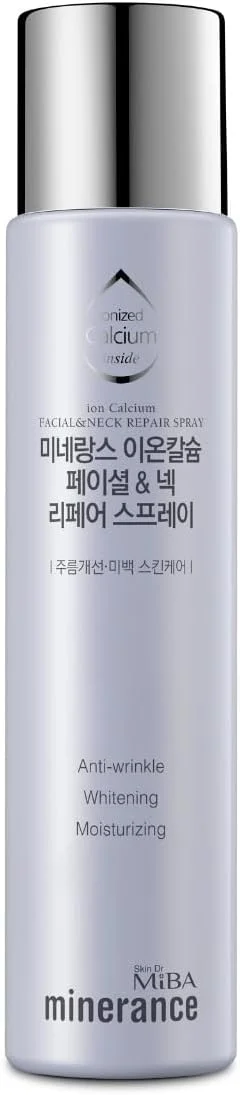 اسپری ترمیم کننده صورت و گردن MIBA Minerance ۱۵۰ میلی لیتر – روشن کننده، ضد چروک، مرطوب کننده با کلسیم یونیزه، نیاسینامید و سیکا – اسپری صورت، مراقبت از گردن، ضد پیری