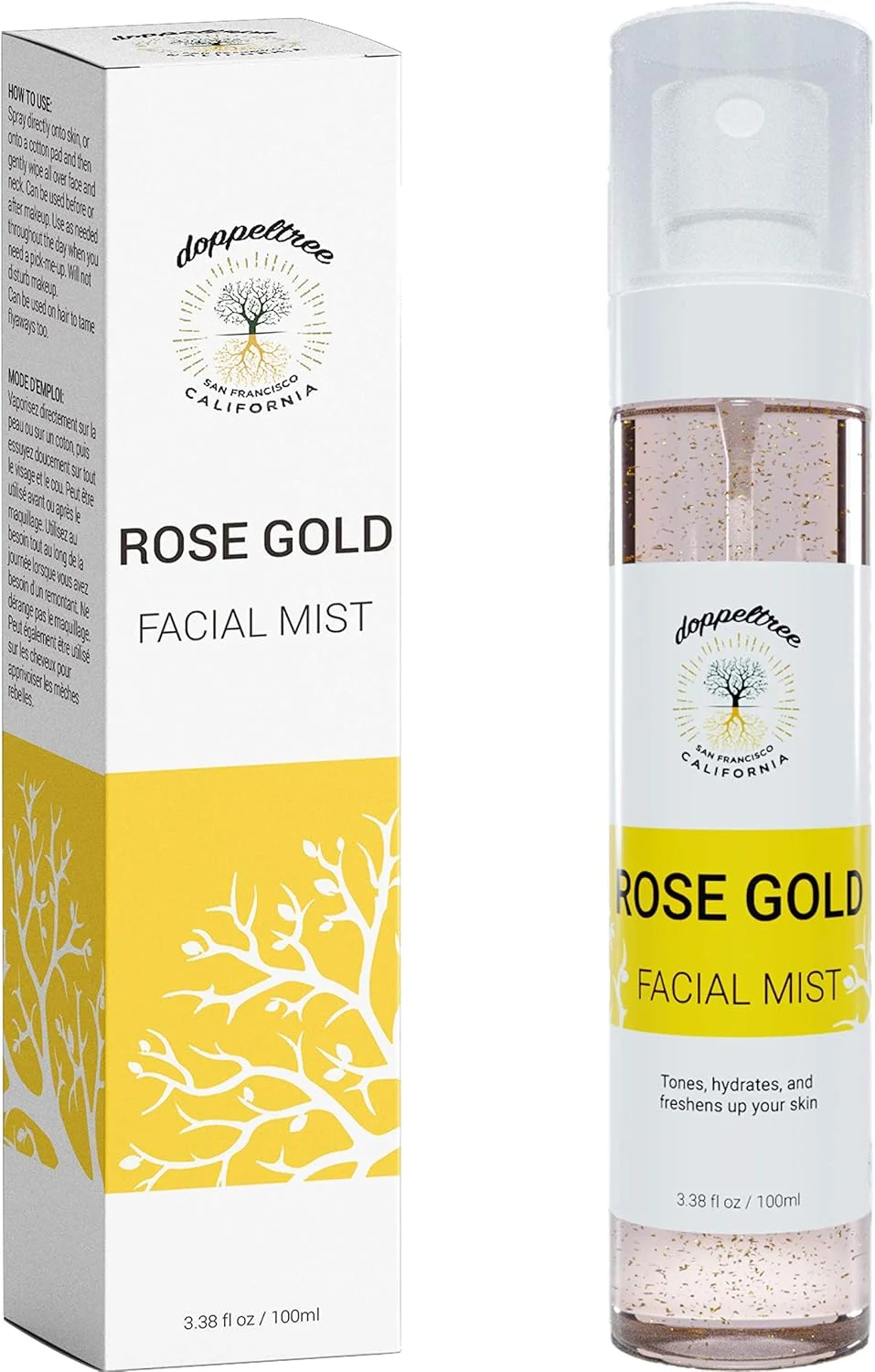 اسپری آبرسان صورت Doppeltree با طلای 24 عیار، آلوئه، گیاهان و گلاب - تونر بدون الکل برای صورت - فرموله شده در سان فرانسیسکو