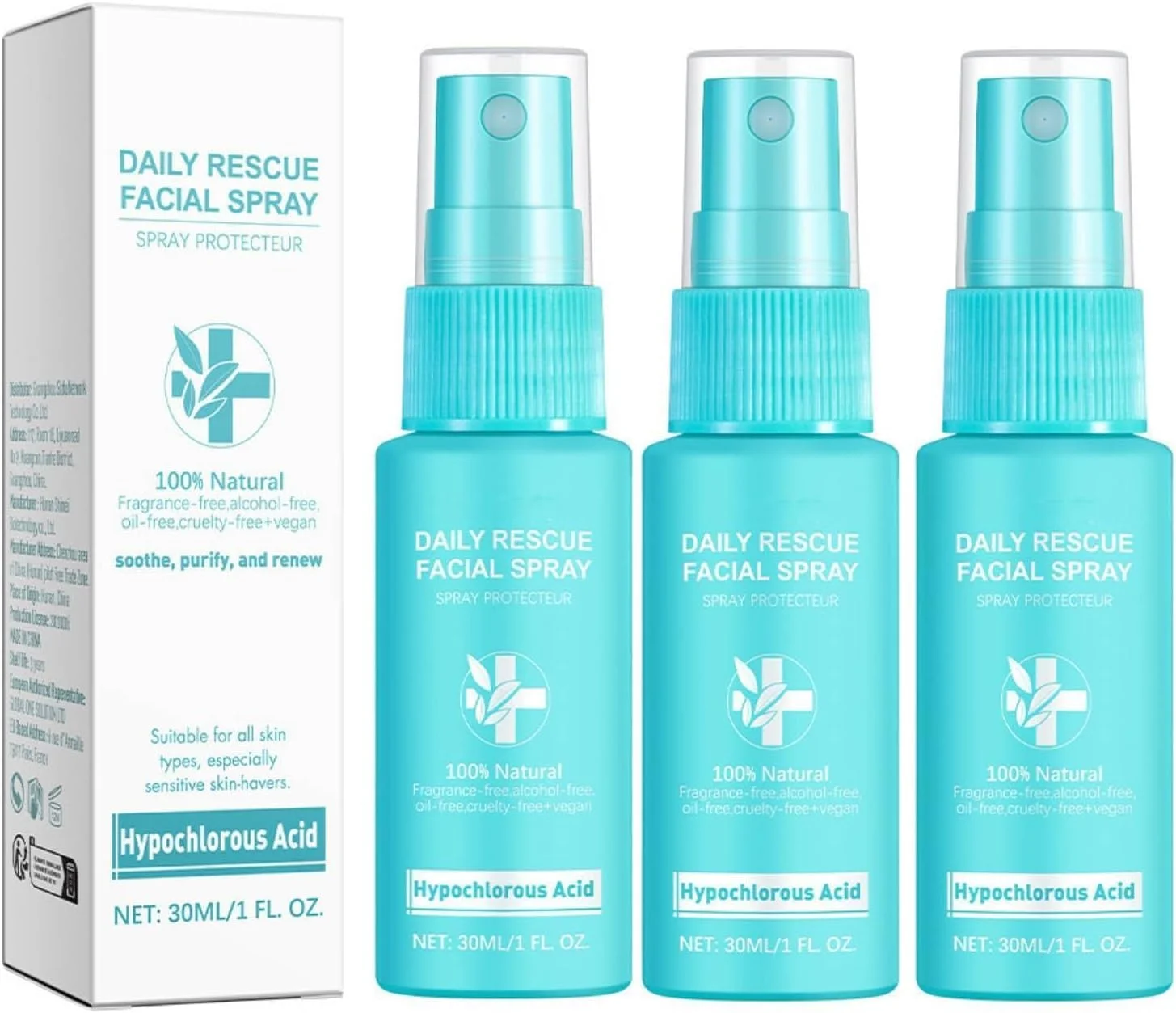 اسپری اسید هیپوکلروس FUIN برای صورت و پوست، ایمن برای استفاده در پوست های مستعد آکنه، اسپری تسکین دهنده صورت برای پوست های حساس، مه آبرسان صورت، تونر تجدید کننده پوست (3 عدد)