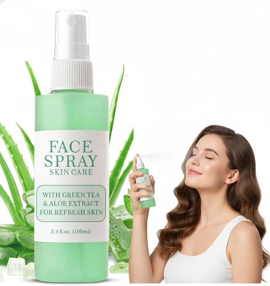 اسپری آلوئه ورا و چای سبز برای صورت، تونر آبرسان و مرطوب کننده، اسپری طراوت بخش و تثبیت کننده آرایش، تسکین دهنده و ترمیم کننده پوست خشک، اسپری سبک صورت برای استفاده روزانه، ۱۰۰ میلی لیتر