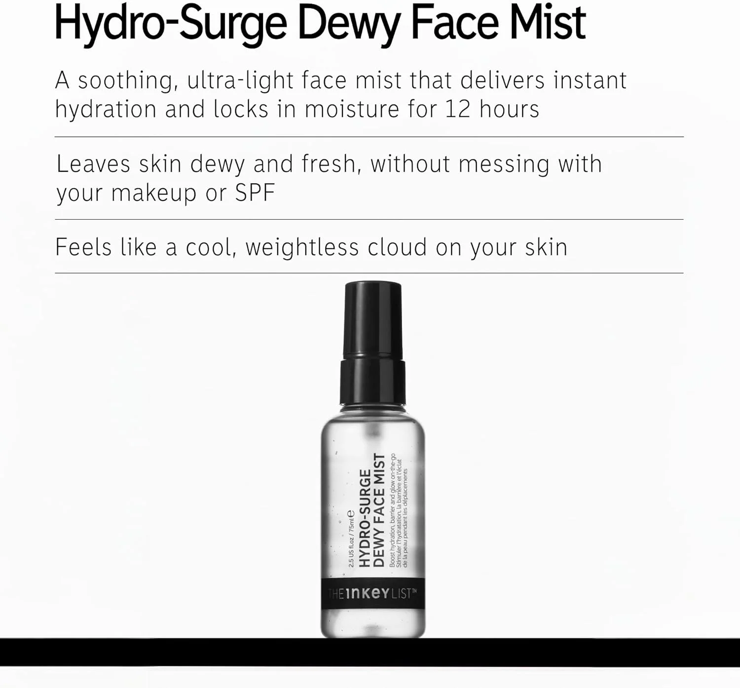 اسپری آبرسان صورت دِ اینکی لیست مدل Hydro-Surge Dewy حجم 75 میلی لیتر، اسپری تقویت کننده آبرسانی، بدون عطر و الکل، فرمول ملایم برای پوست حساس، استفاده آسان، مناسب برای افراد وگان