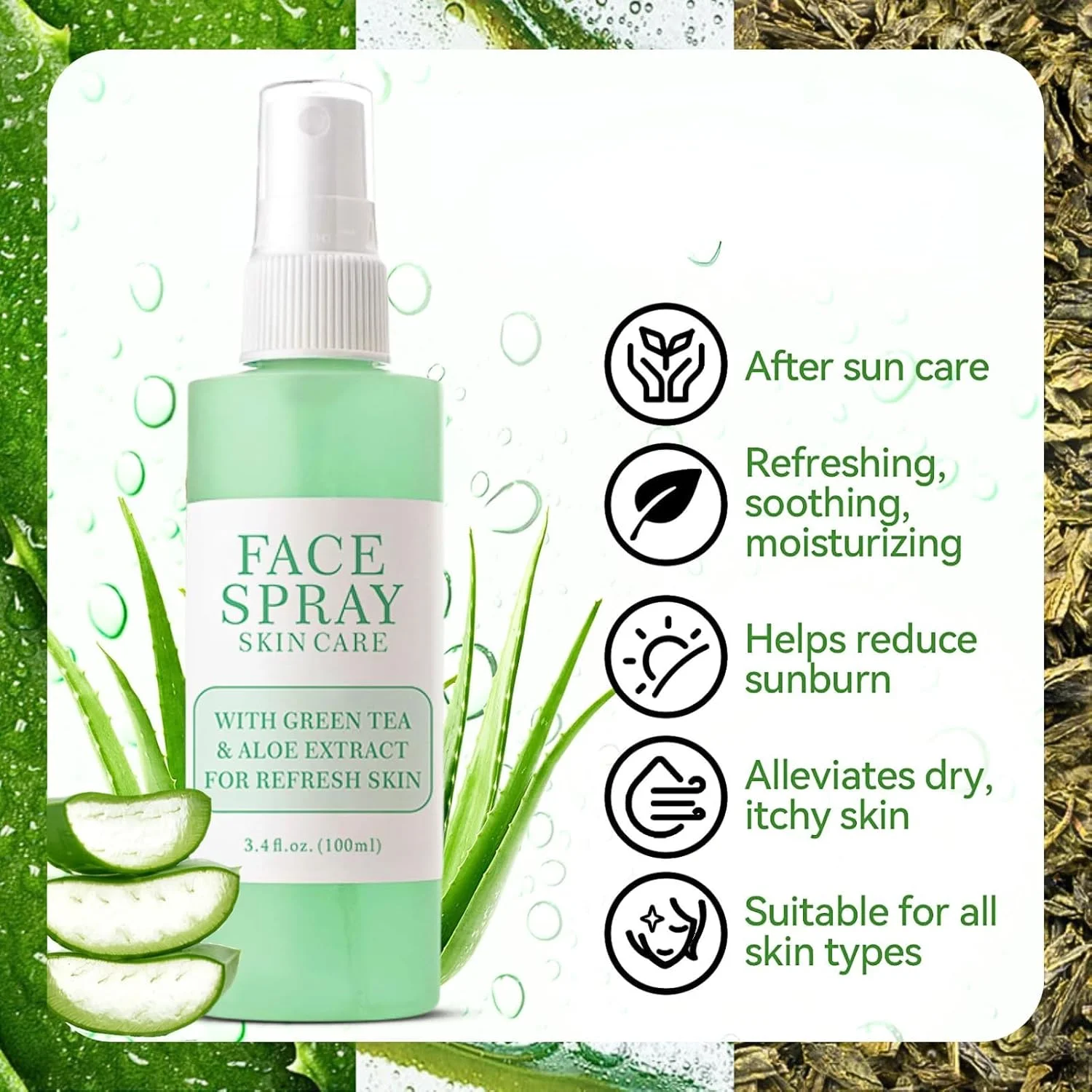 اسپری آلوئه ورا و چای سبز برای صورت، تونر آبرسان و مرطوب کننده، اسپری طراوت بخش و تثبیت کننده آرایش، تسکین دهنده و ترمیم کننده پوست خشک، اسپری سبک صورت برای استفاده روزانه، ۱۰۰ میلی لیتر