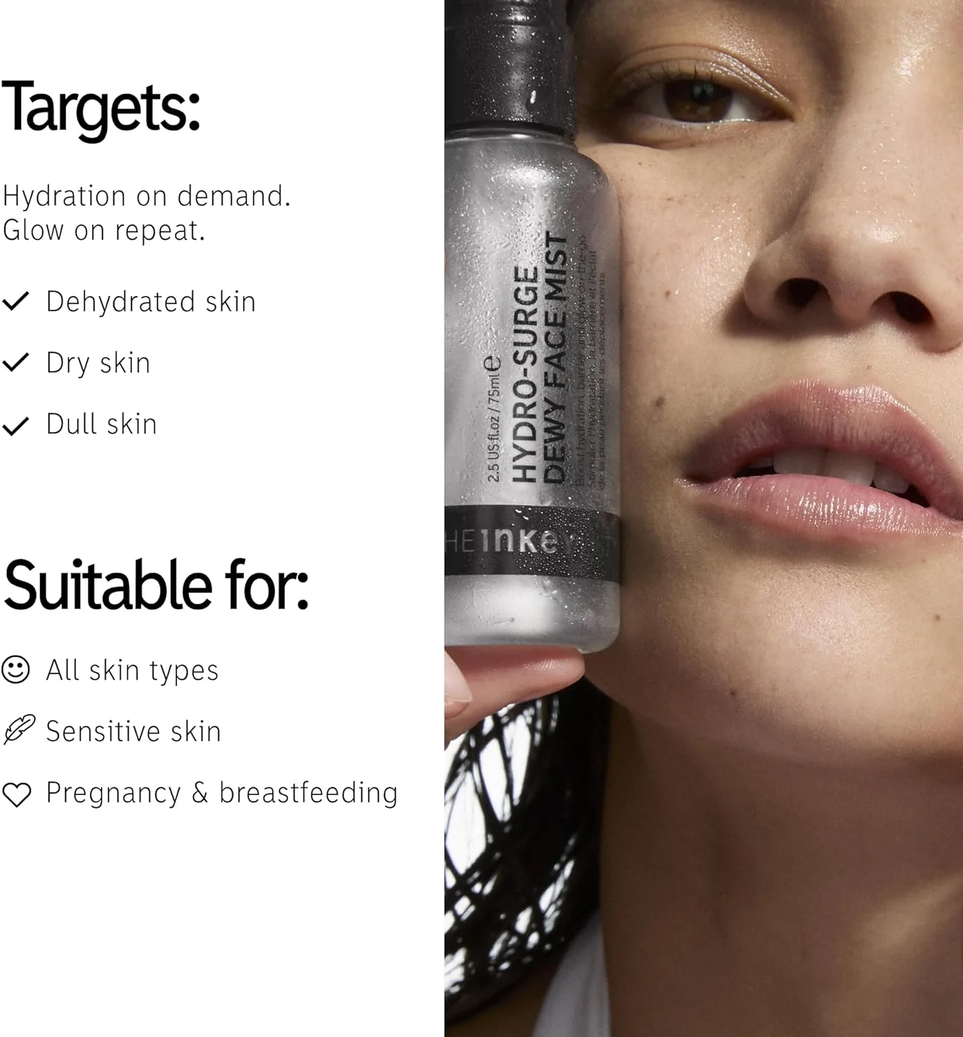 اسپری آبرسان صورت دِ اینکی لیست مدل Hydro-Surge Dewy حجم 75 میلی لیتر، اسپری تقویت کننده آبرسانی، بدون عطر و الکل، فرمول ملایم برای پوست حساس، استفاده آسان، مناسب برای افراد وگان