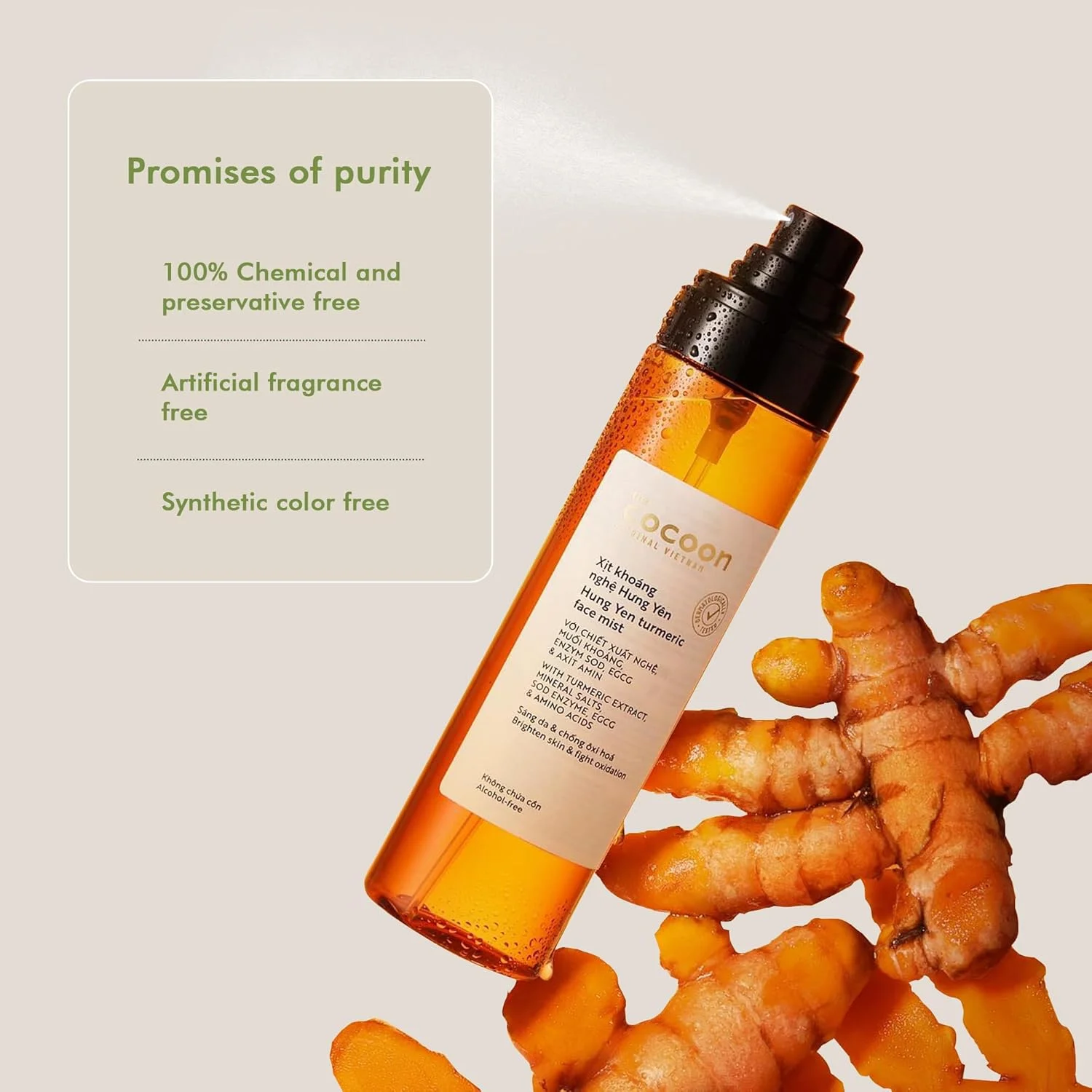 اسپری صورت حاوی زردچوبه ویتنامی کوکون اورجینال ۱۳۰ میلی لیتر | آبرسان و روشن کننده پوست | ضد جوش و تسکین دهنده | اسپری صورت برای پوست های چرب، خشک و حساس