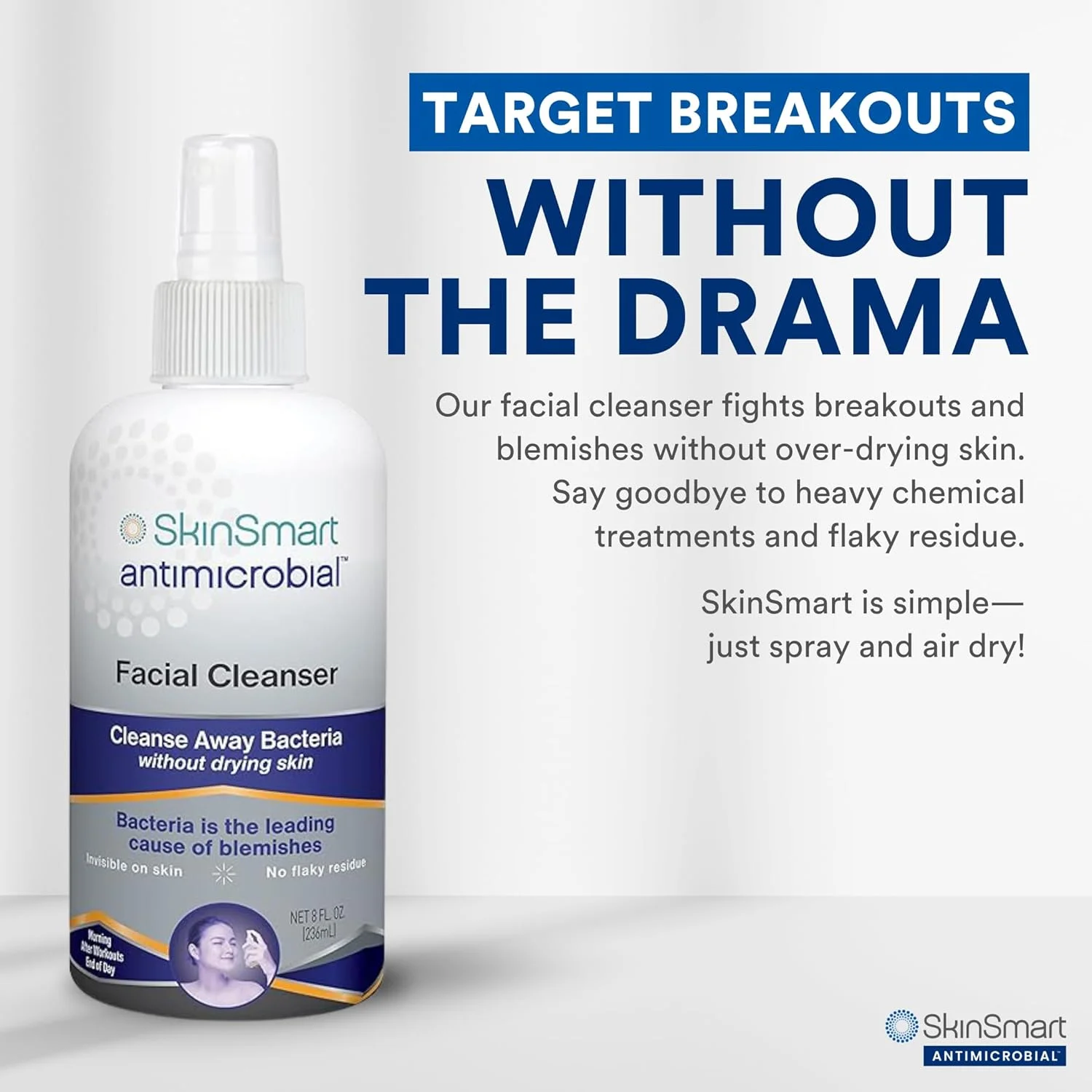 پاک کننده صورت ضد میکروبی SkinSmart برای آکنه، هدف قرار دادن باکتری ها برای ورزشکاران نوجوان فعال بعد از تمرین، بطری اسپری 8 اونس، ایمن برای استفاده های متعدد روزانه