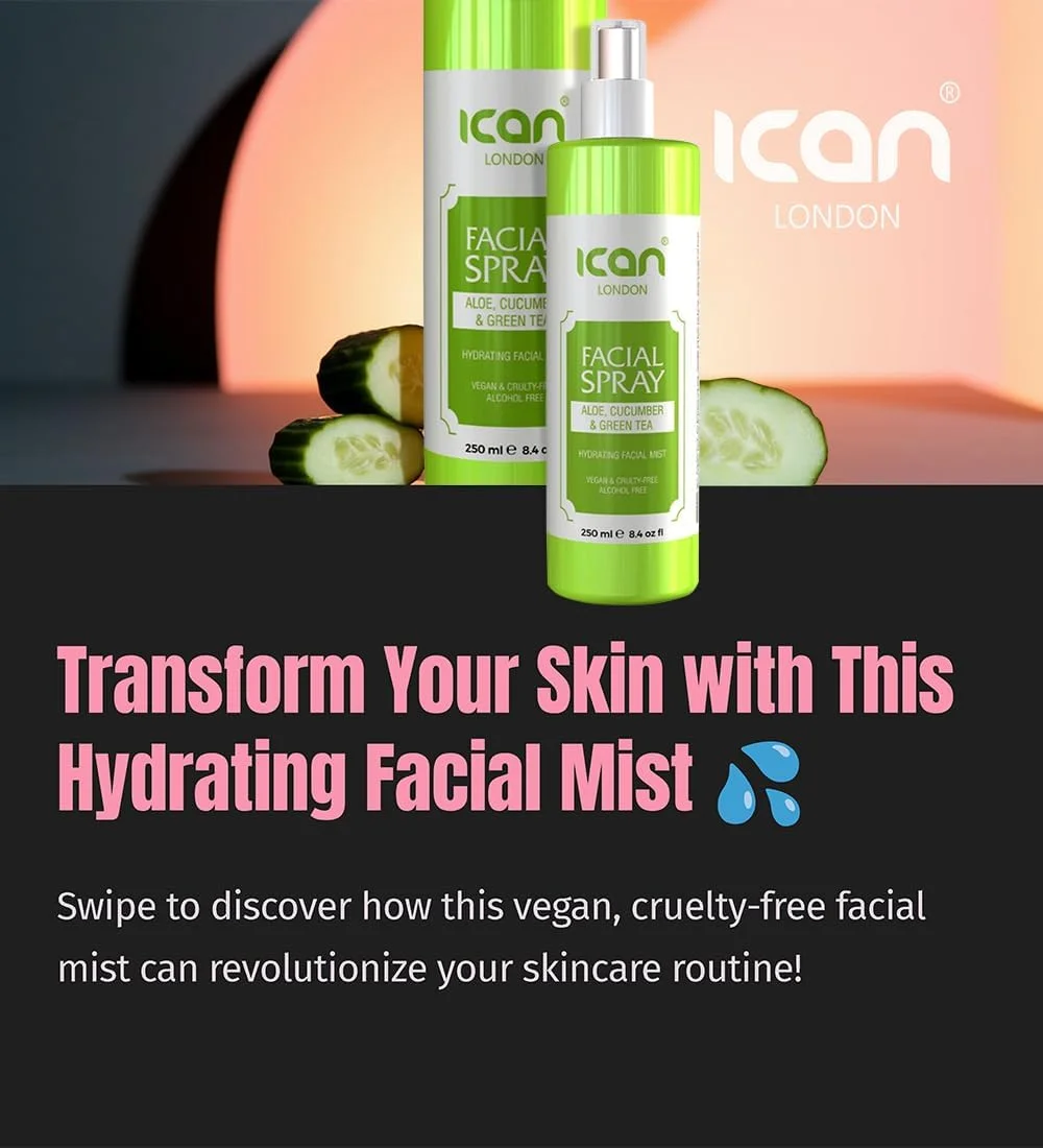 اسپری آبرسان صورت آلوئه، خیار و چای سبز آیکان لندن 250 میلی لیتر