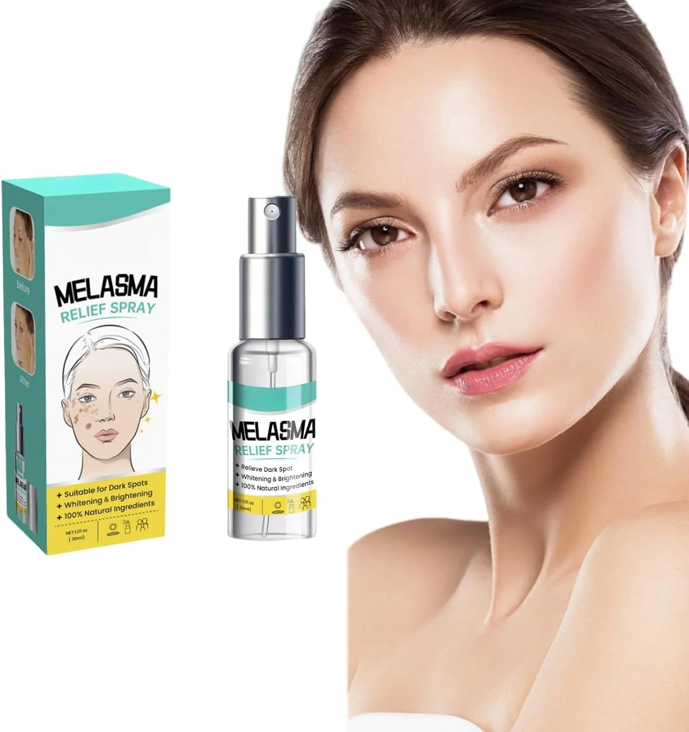 اسپری رفع ملاسما، اسپری مراقبت از لک صورت 30 میلی لیتری برای صاف و آبرسانی پوست، هدف قرار دادن لکه های تیره، ملاسما، آسیب های ناشی از نور خورشید، ایجاد سفتی پوست و مرطوب سازی عمیق، فرمول طراوت بخش