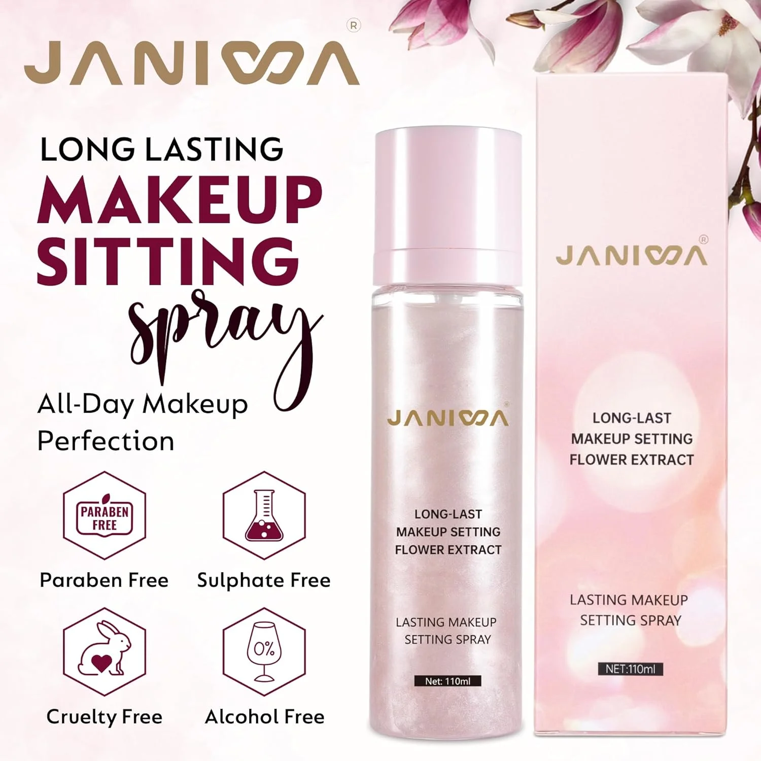 اسپری تثبیت کننده آرایش گیاهی JANIWA (۱۱۰ میلی لیتر) | نمای نهایی مات طبیعی | تثبیت کننده آرایش ماندگار | آبرسان و کنترل چربی با عصاره گل | بدون تست حیوانی، بدون پارابن و الکل (اکلیلی)