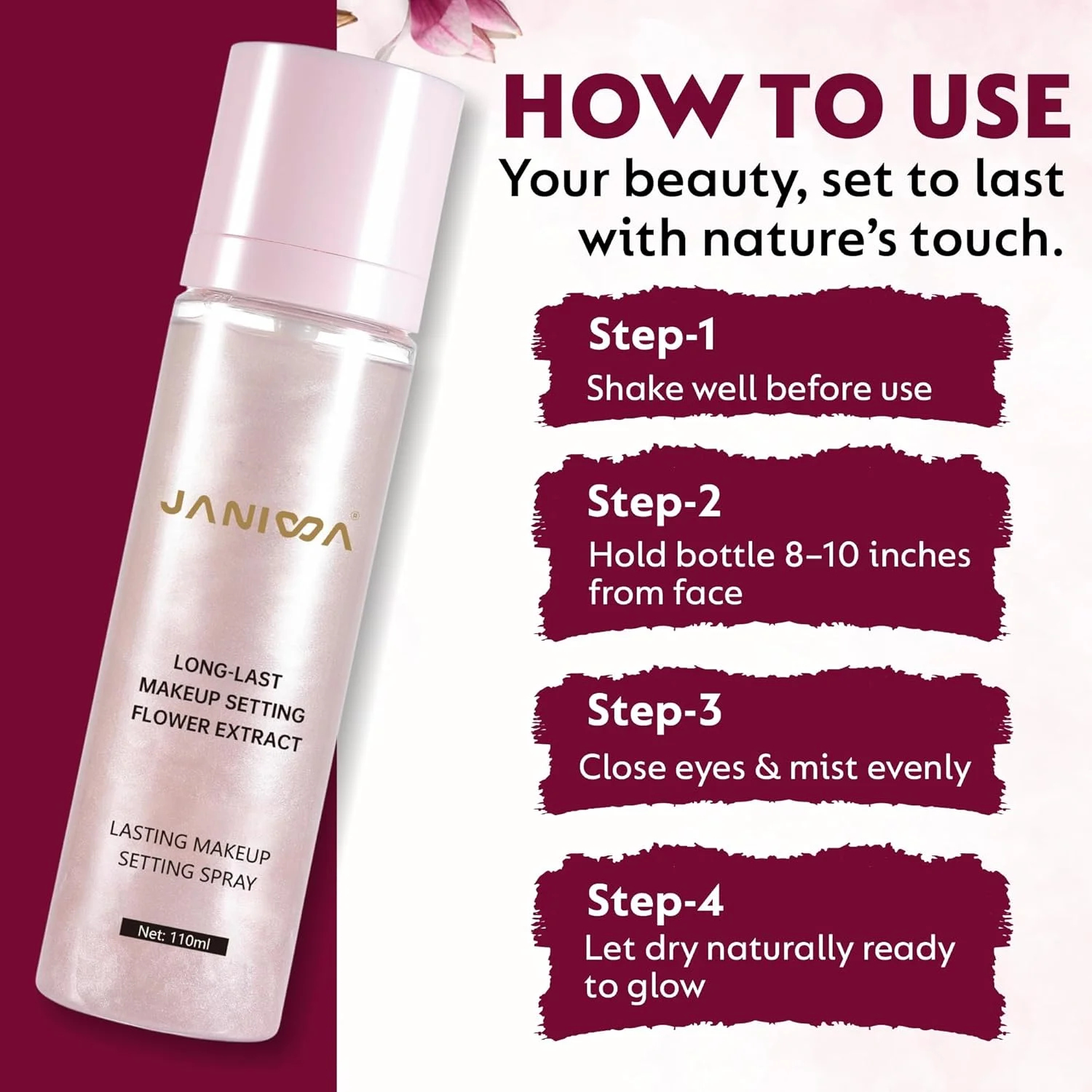 اسپری تثبیت کننده آرایش گیاهی JANIWA (۱۱۰ میلی لیتر) | نمای نهایی مات طبیعی | تثبیت کننده آرایش ماندگار | آبرسان و کنترل چربی با عصاره گل | بدون تست حیوانی، بدون پارابن و الکل (اکلیلی)