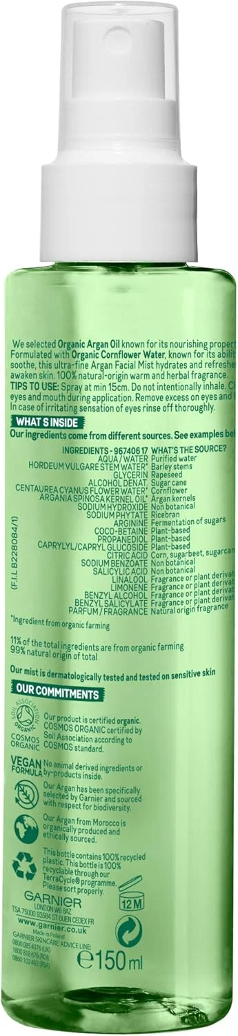 اسپری آبرسان صورت حاوی روغن آرگان گارنیه مناسب پوست خشک و حساس، اسپری آبرسان و طراوت بخش صورت 150 میلی لیتر