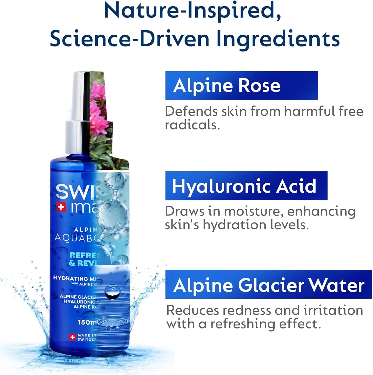 تونر صورت آکوابوست حاوی اسید هیالورونیک و عصاره گل رز آلپاین ۱۵۰ میلی لیتر | اسپری آبرسان با فرمولاسیون فاقد چربی، غیر چسبنده و جذب سریع، مناسب برای انواع پوست | ساخت سوئیس