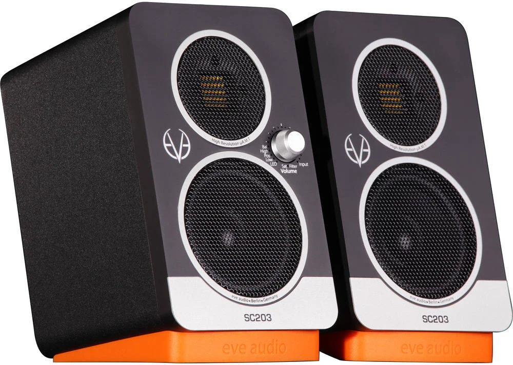 سیستم مستر/اسلیو Eve Audio SC203، ووفر 3 اینچی، آمپلی‌فایر PWM 30 واتی، ورودی‌های آنالوگ RCA، محدوده فرکانس 62 هرتز تا 21 کیلوهرتز، ورودی‌های دیجیتال اپتیکال و USB، جفت، مشکی-نارنجی | SC203