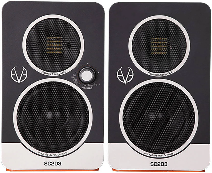 سیستم مستر/اسلیو Eve Audio SC203، ووفر 3 اینچی، آمپلی‌فایر PWM 30 واتی، ورودی‌های آنالوگ RCA، محدوده فرکانس 62 هرتز تا 21 کیلوهرتز، ورودی‌های دیجیتال اپتیکال و USB، جفت، مشکی-نارنجی | SC203