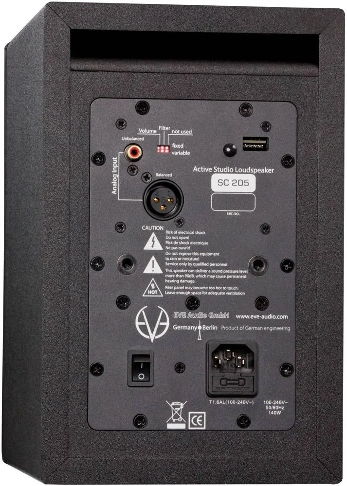 مانیتور استودیویی اکتیو دو طرفه Eve Audio SC205 - ووفر 5 اینچی، توییتر AMT RS1، طراحی بای-امپ، فیلترهای مبتنی بر DSP و کنترل صدا، طراحی پورت باس، کانکتورهای ورودی XLR و RCA، تکی، مشکی
