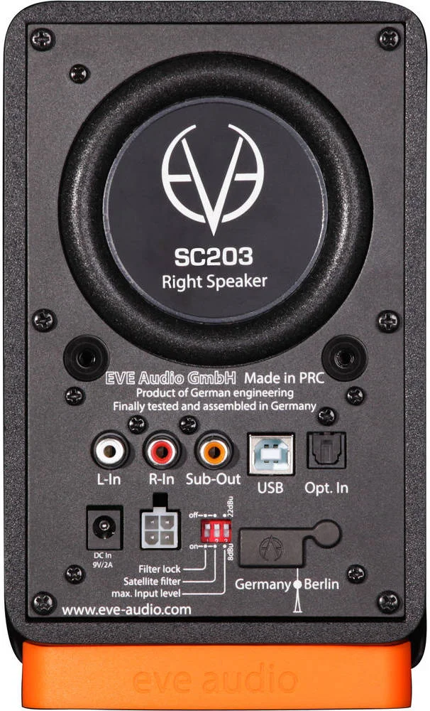 سیستم مستر/اسلیو Eve Audio SC203، ووفر 3 اینچی، آمپلی‌فایر PWM 30 واتی، ورودی‌های آنالوگ RCA، محدوده فرکانس 62 هرتز تا 21 کیلوهرتز، ورودی‌های دیجیتال اپتیکال و USB، جفت، مشکی-نارنجی | SC203