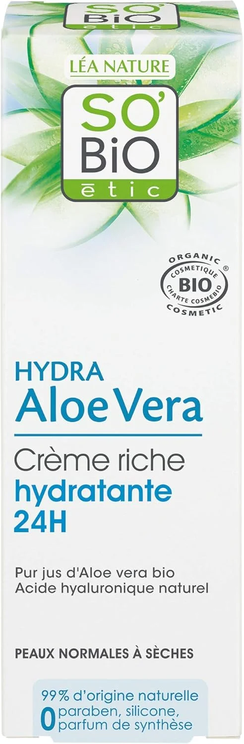 کرم روز مرطوب کننده غنی آلوئه ورا ۲۴ ساعته SO'BiO étic Cosmebio، ۵۰ میلی لیتر | مناسب پوست نرمال تا خشک | حاوی آب آلوئه ورا ارگانیک | اسید هیالورونیک کرم روز مرطوب کننده غنی آلوئه ورا ۲۴ ساعته SO'BiO étic Cosmebio، ۵۰ میلی لیتر | مناسب پوست نرمال تا خشک | حاوی آب آلوئه ورا ارگانیک | اسید هیالورونیک