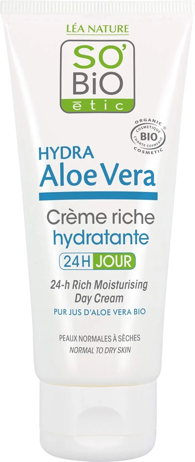 کرم روز مرطوب کننده غنی آلوئه ورا ۲۴ ساعته SO'BiO étic Cosmebio، ۵۰ میلی لیتر | مناسب پوست نرمال تا خشک | حاوی آب آلوئه ورا ارگانیک | اسید هیالورونیک کرم روز مرطوب کننده غنی آلوئه ورا ۲۴ ساعته SO'BiO étic Cosmebio، ۵۰ میلی لیتر | مناسب پوست نرمال تا خشک | حاوی آب آلوئه ورا ارگانیک | اسید هیالورونیک