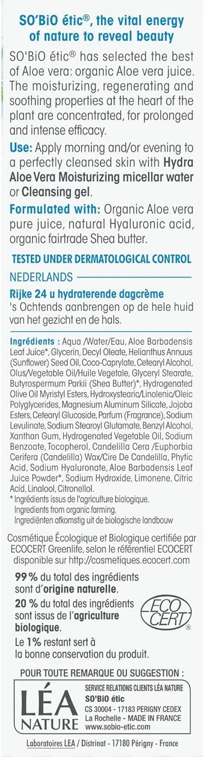 کرم روز مرطوب کننده غنی آلوئه ورا ۲۴ ساعته SO'BiO étic Cosmebio، ۵۰ میلی لیتر | مناسب پوست نرمال تا خشک | حاوی آب آلوئه ورا ارگانیک | اسید هیالورونیک کرم روز مرطوب کننده غنی آلوئه ورا ۲۴ ساعته SO'BiO étic Cosmebio، ۵۰ میلی لیتر | مناسب پوست نرمال تا خشک | حاوی آب آلوئه ورا ارگانیک | اسید هیالورونیک