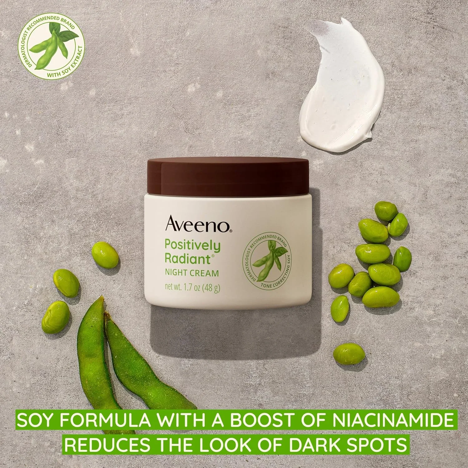 کرم شب مرطوب کننده صورت و گردن Aveeno Positively Radiant حاوی سویا و نیاسینامید، کرم شب مناسب پوست کدر، یکنواخت کننده رنگ و بافت پوست، ضد حساسیت، 50 گرم