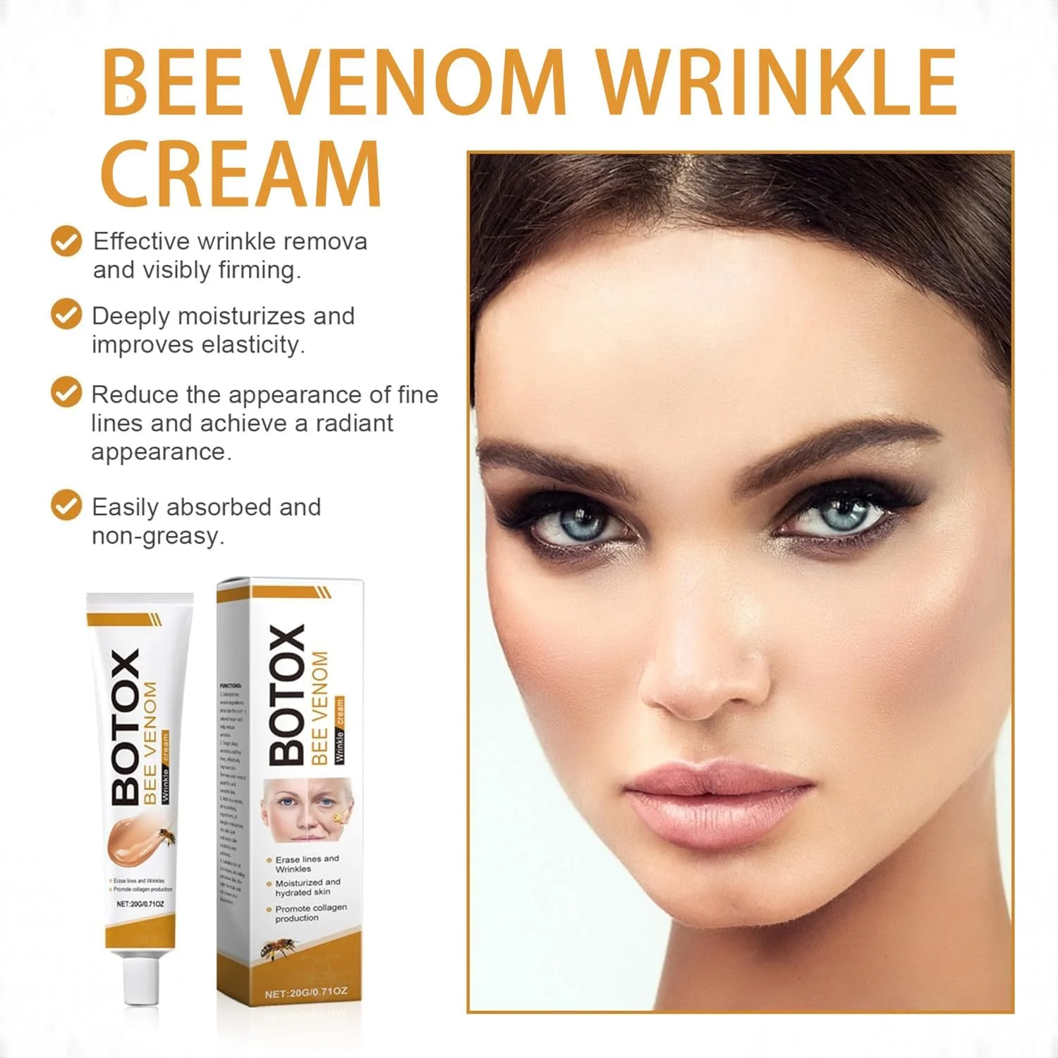 کرم زهر زنبور 3 عددی، کرم جدید ضد پیری زهر زنبور، سفت کننده و از بین برنده چین و چروک، بازیابی خاصیت ارتجاعی، مرطوب کننده عمیق برای انواع پوست