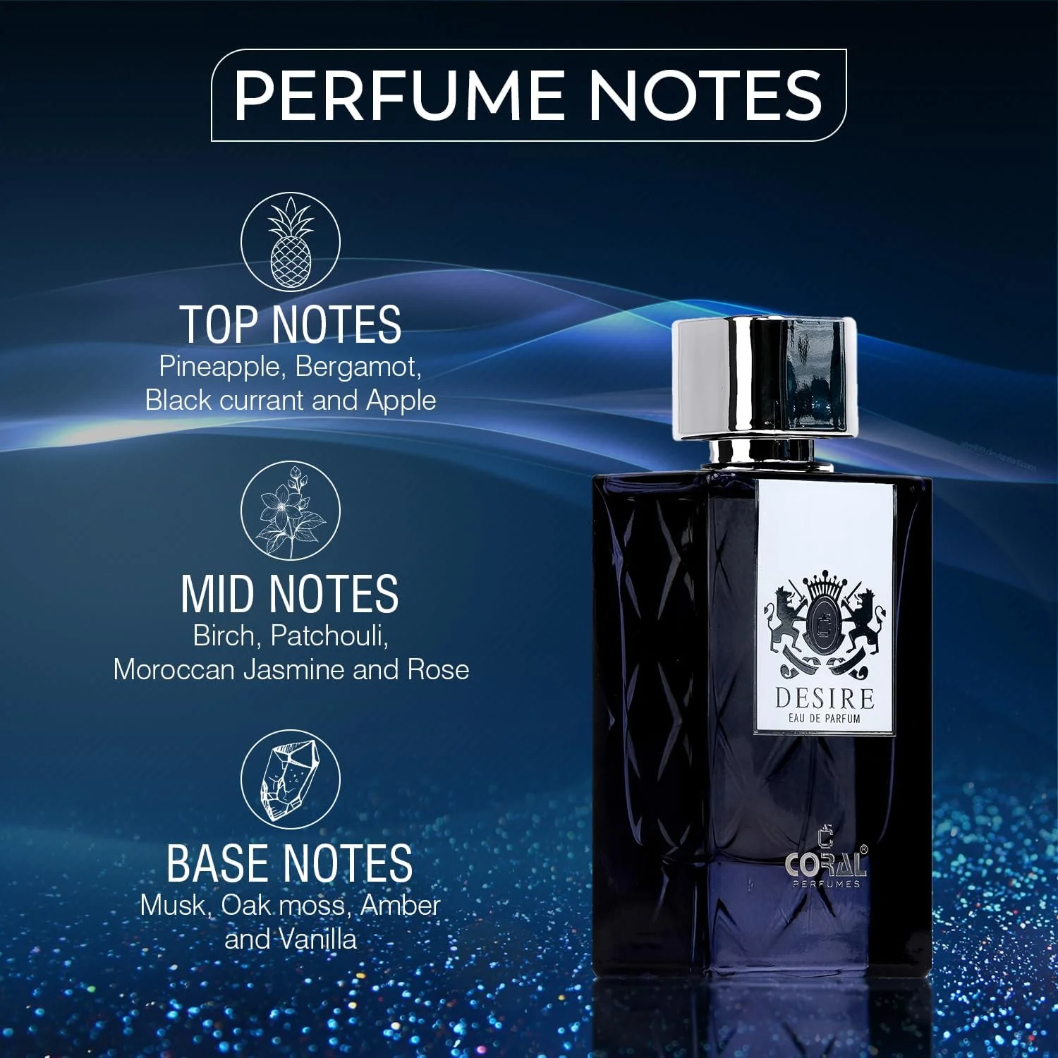 ادکلن مردانه کورال دیزایر - 85 میلی لیتر | ادو پرفیوم | رایحه مردانه جسورانه و پیچیده | رایحه میوه ای و چوبی ماندگار با عنبر و مشک
