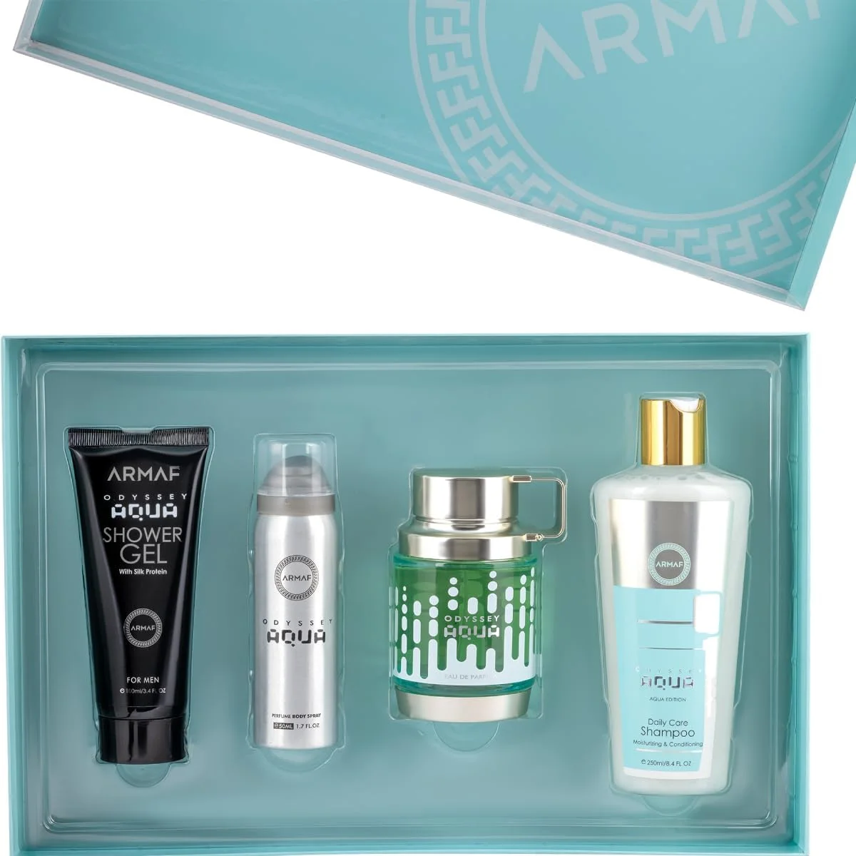 مجموعه هدیه ۴ تکه عطر آرماف اودیسه آکوا ادیشن مردانه و زنانه، ادو پرفیوم ۱۰۰ میلی لیتر، اسپری بدن ۵۰ میلی لیتر، شامپو مو ۲۵۰ میلی لیتر، ژل دوش ۱۰۰ میلی لیتر، رایحه ماندگار با گریپ فروت و نعناع