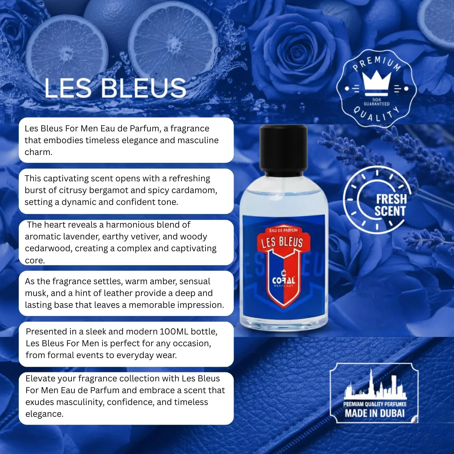 ادکلن مردانه کورال لس بلوز | رایحه لوکس و ماندگار | رایحه مرکباتی تازه و تند با آکوردهای چوبی و مشک‌دار ادو پرفیوم – 100 میلی‌لیتر | ساخت دبی توسط کورال پرفیوم