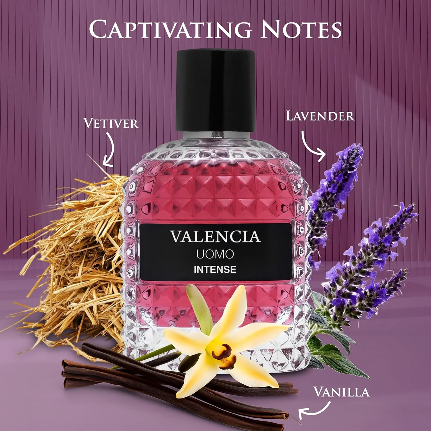ادکلن مردانه والنسیا UOMO Intense - رایحه کهربایی فوژه با نت های اولیه وانیل بوربن، نت میانی اسطوخودوس با رایحه تند و چوبی - رایحه پایه وتیور دودی، بطری شیک 100 میلی لیتری
