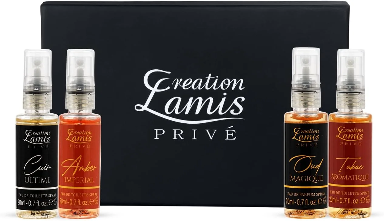 ست هدیه ادو پرفیوم مردانه Creation Lamis Privé مدل 4x20ml - Cuir Ultime, Tabac Aromatique, Amber Imperial, Oud Magique | رایحه های ماندگار کهربا، مرکبات، چوبی و چرم