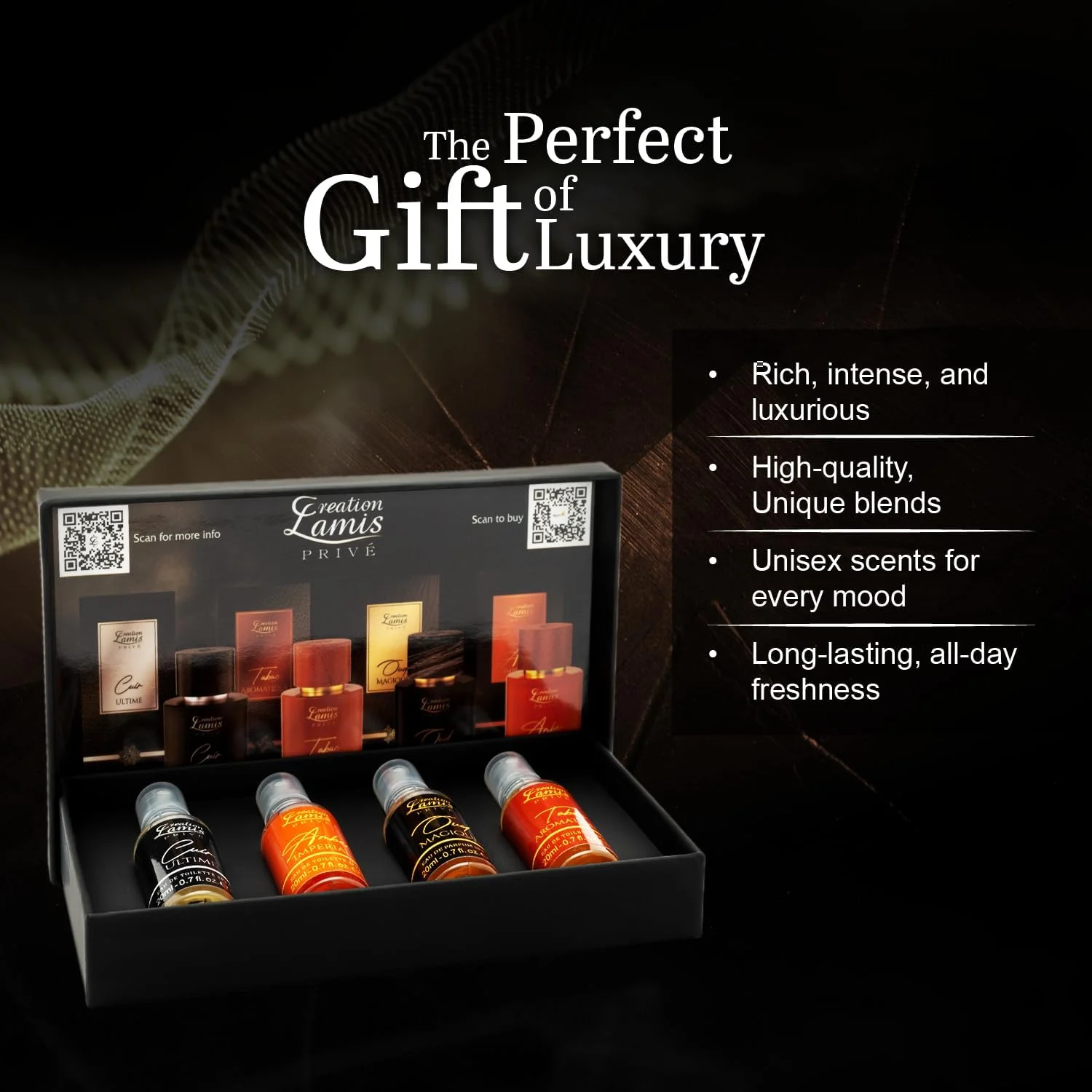 ست هدیه ادو پرفیوم مردانه Creation Lamis Privé مدل 4x20ml - Cuir Ultime, Tabac Aromatique, Amber Imperial, Oud Magique | رایحه های ماندگار کهربا، مرکبات، چوبی و چرم ست هدیه ادو پرفیوم مردانه Creation Lamis Privé مدل 4x20ml - Cuir Ultime, Tabac Aromatique, Amber Imperial, Oud Magique | رایحه های ماندگار کهربا، مرکبات، چوبی و چرم