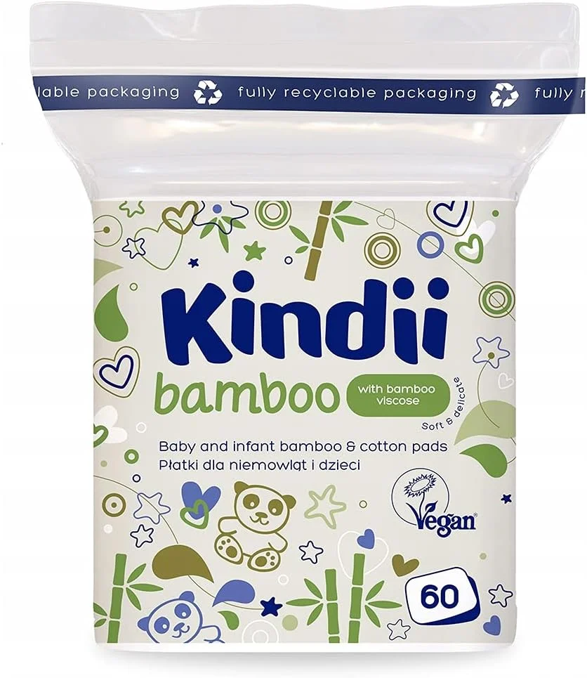 پدهای پنبه ای و بامبو Kindii - 60 عدد پد بسیار نرم وگان مناسب نوزادان و کودکان | بدون پرز، بدون شکاف | مراقبت ملایم روزانه از پوست کودک با آب، روغن، کرم یا پودر