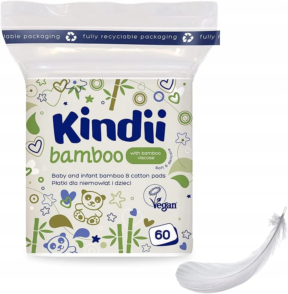 پدهای پنبه ای و بامبو Kindii - 60 عدد پد بسیار نرم وگان مناسب نوزادان و کودکان | بدون پرز، بدون شکاف | مراقبت ملایم روزانه از پوست کودک با آب، روغن، کرم یا پودر