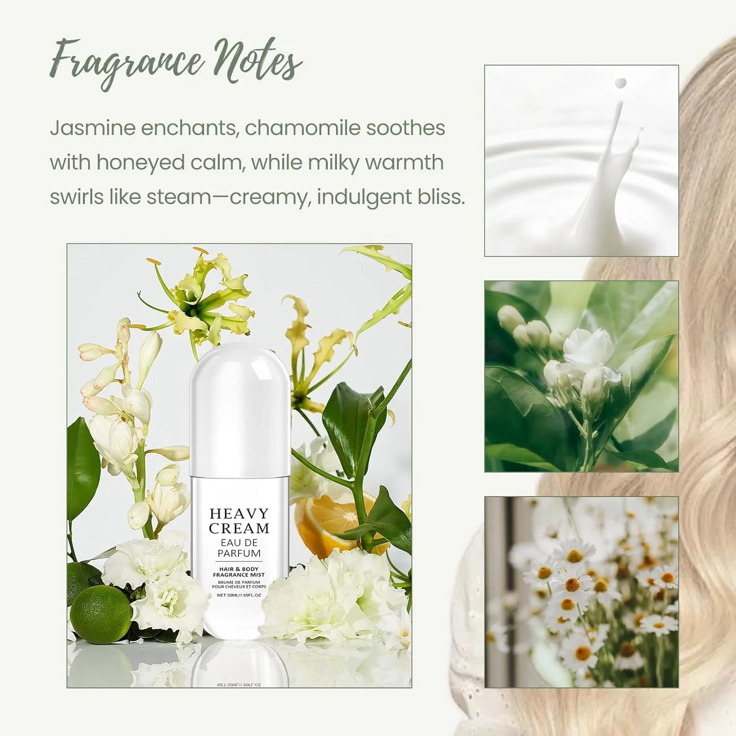 عطر مو، عطر مو کرمی سنگین برای زنان، اسپری بدن فرمونی با ماندگاری طولانی، خوشبو کننده و طراوت بخش روغن، شیر بابونه یاس، آبرسان و درخشان کننده قابل حمل، عطر سبک بدون الکل