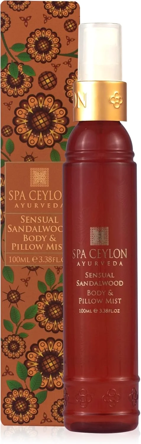 اسپری بدن و بالش چوب صندل Spa Ceylon | اسپری مراقبت از پوست تسکین دهنده با چوب صندل ارگانیک، وتیور و فندق افسونگر | وگان و بدون تست حیوانی برای مراسم قبل از خواب