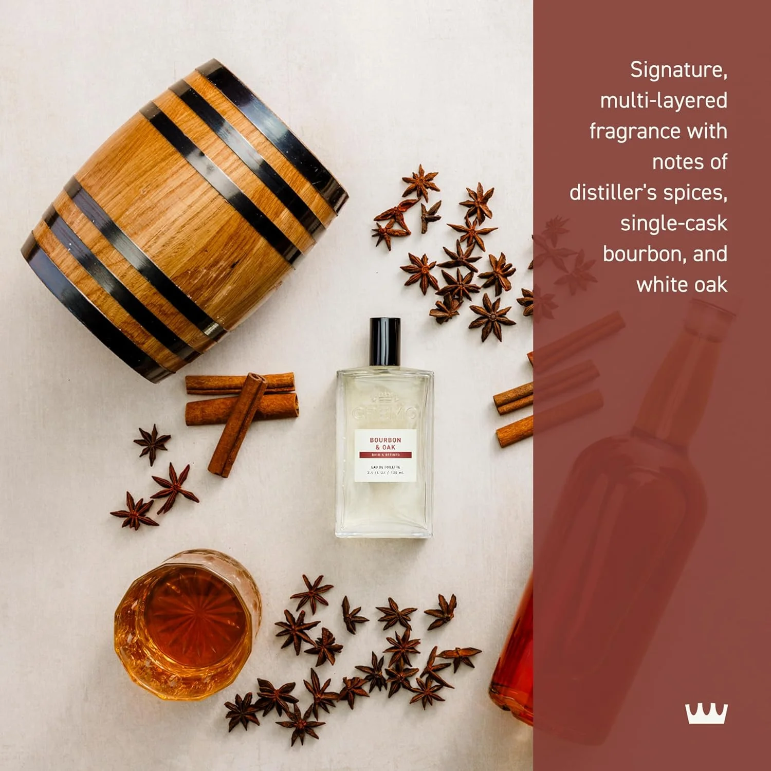 اسپری ادکلن کرمو بوربن و بلوط، ترکیبی پیچیده از ادویه تقطیر، بوربن ممتاز و بلوط سفید، 100 میلی لیتر