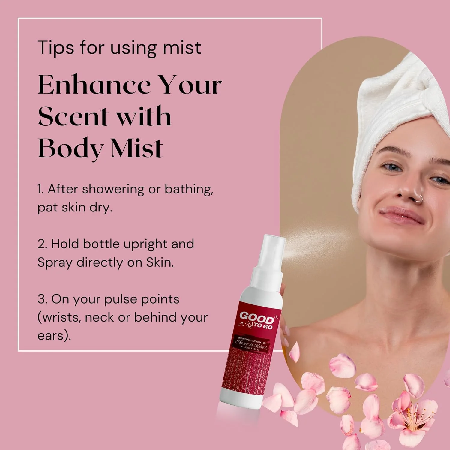 اسپری بدن بدون الکل زنانه GOOD TO GO، غنی شده با گل های تازه، اسپری عطر بر پایه آب، آبرسان، نرم کننده و خوشبو کننده پوست، هدیه ای ایده آل، 100 میلی لیتر (بسته 1 عددی)