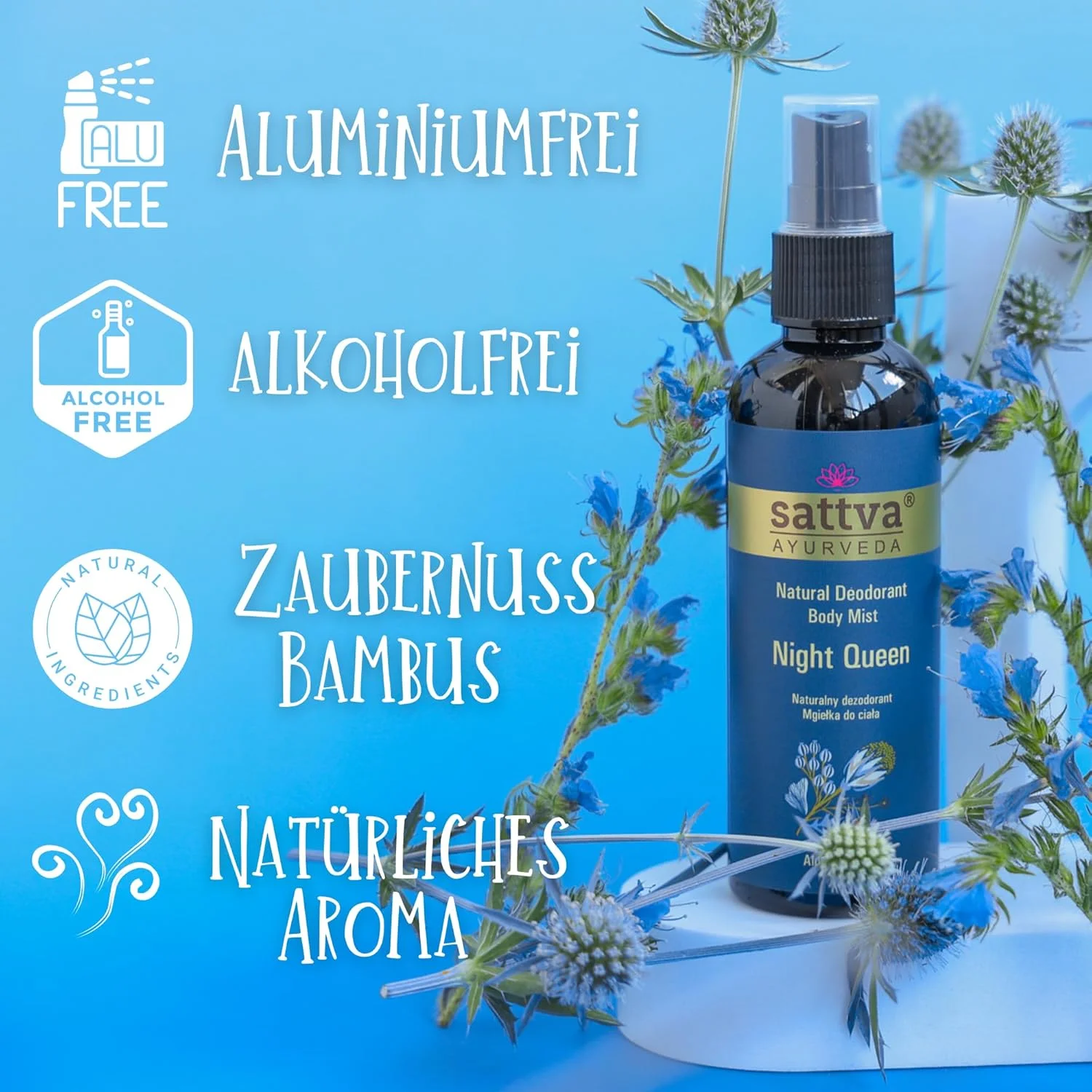 اسپری دئودورانت طبیعی زنانه Sattva Ayurveda Night Queen - بدون الکل، ملایم روی پوست، بدون آلومینیوم - رایحه ای فریبنده برای خانم ها - اسپری بدن با عصاره های گیاهی - دئودورانت برای خانم ها، 80 میلی لیتر