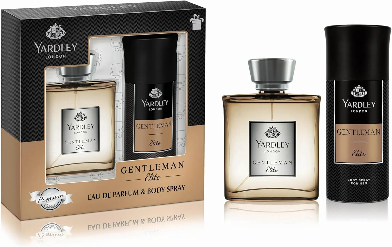 ست هدیه ادو پرفیوم مردانه یاردلی جنتلمن الیت - ادو پرفیوم 100 میلی لیتر + اسپری بدن 150 میلی لیتر | صندل وود، عنبر خشک و نعناع هندی | برای مردان
